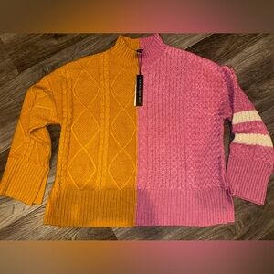 Nwt Central Park West Cable Knit Sweater Pink Mustard Medium